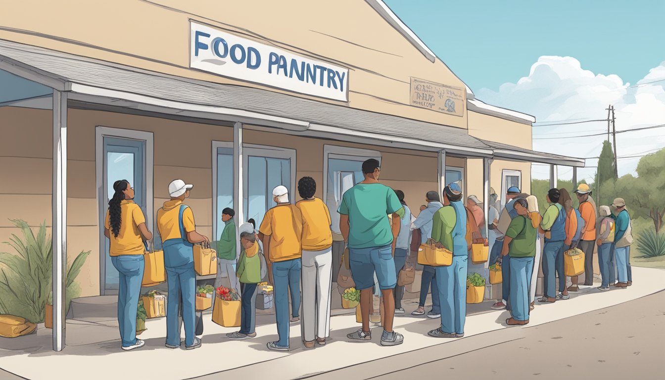 A line of people waits outside a food pantry in Zapata County, Texas, as volunteers distribute free groceries to those in need