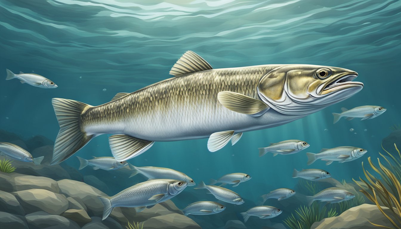 A mountain whitefish swimming towards a group of smaller fish, ready to catch and eat its prey