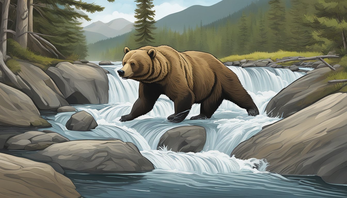 A bear catching and eating a mountain whitefish near a flowing stream