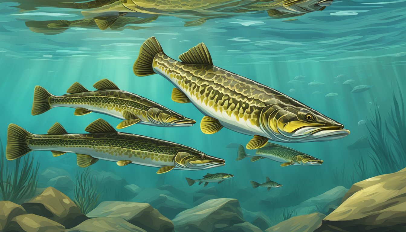 A group of pike lurking in the shallow waters, ready to pounce on the schools of cisco swimming by