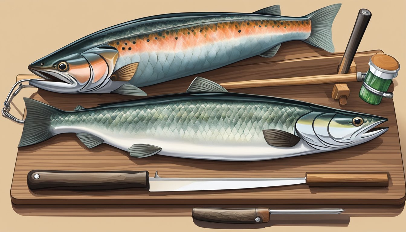 A fishing rod with a tackle box, bait, and a freshly caught coho salmon on a cutting board beside a fillet knife