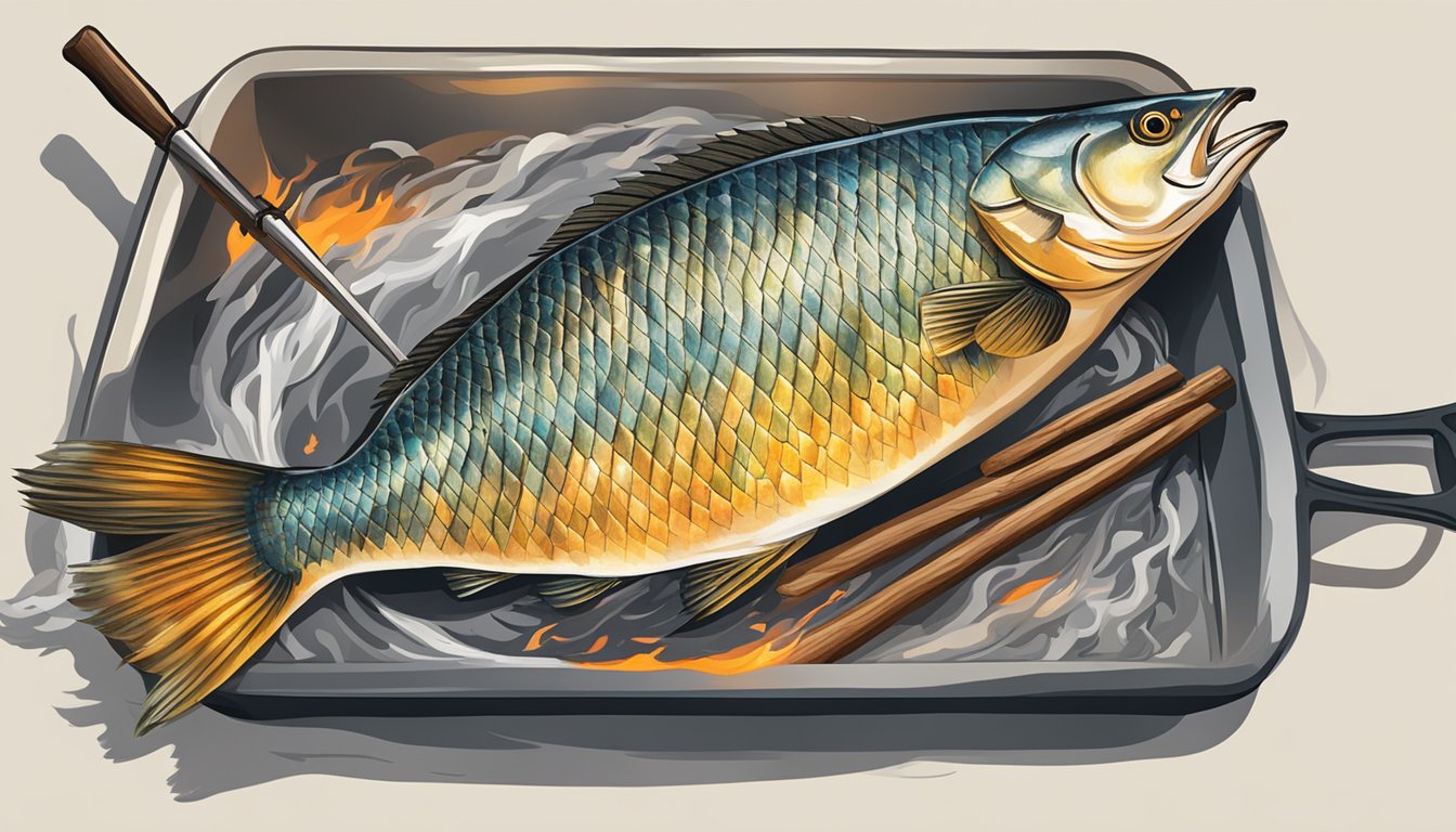 A cisco fish being caught and cooked over an open flame