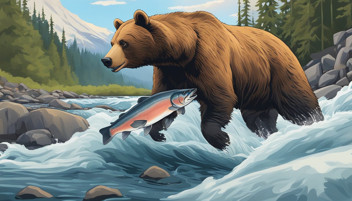 A bear catching and eating a coho salmon in a rushing river