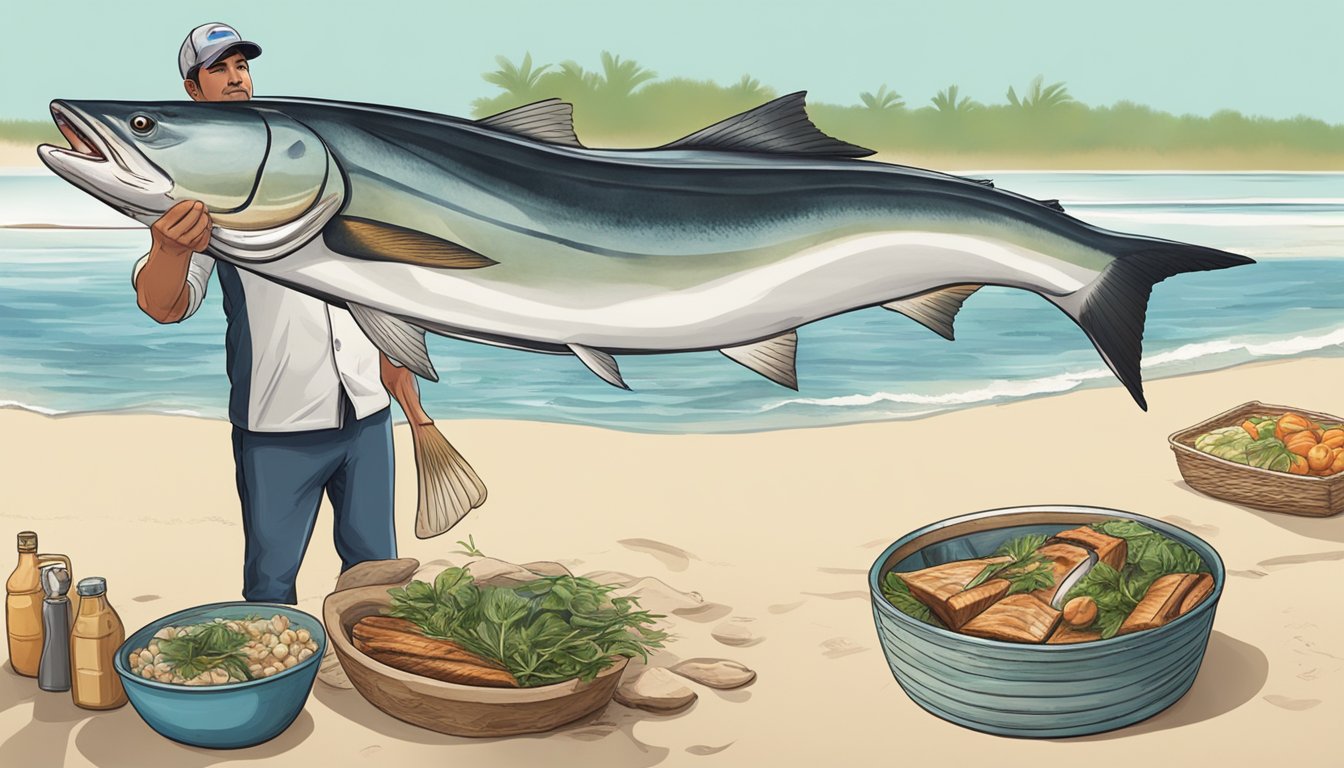 A person catching a cobia from a boat, then preparing and cooking it on a beach