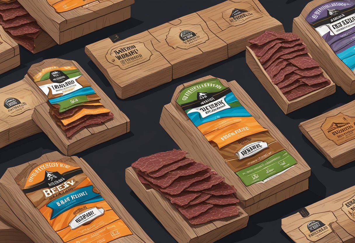 A rustic wooden table displays an assortment of savory beef jerky in various flavors, neatly arranged in branded packaging