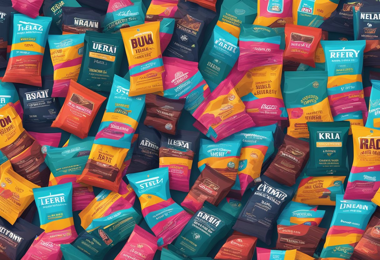 A mountain of assorted beef jerky packages, with vibrant colors and bold branding, stands out against a minimalist backdrop