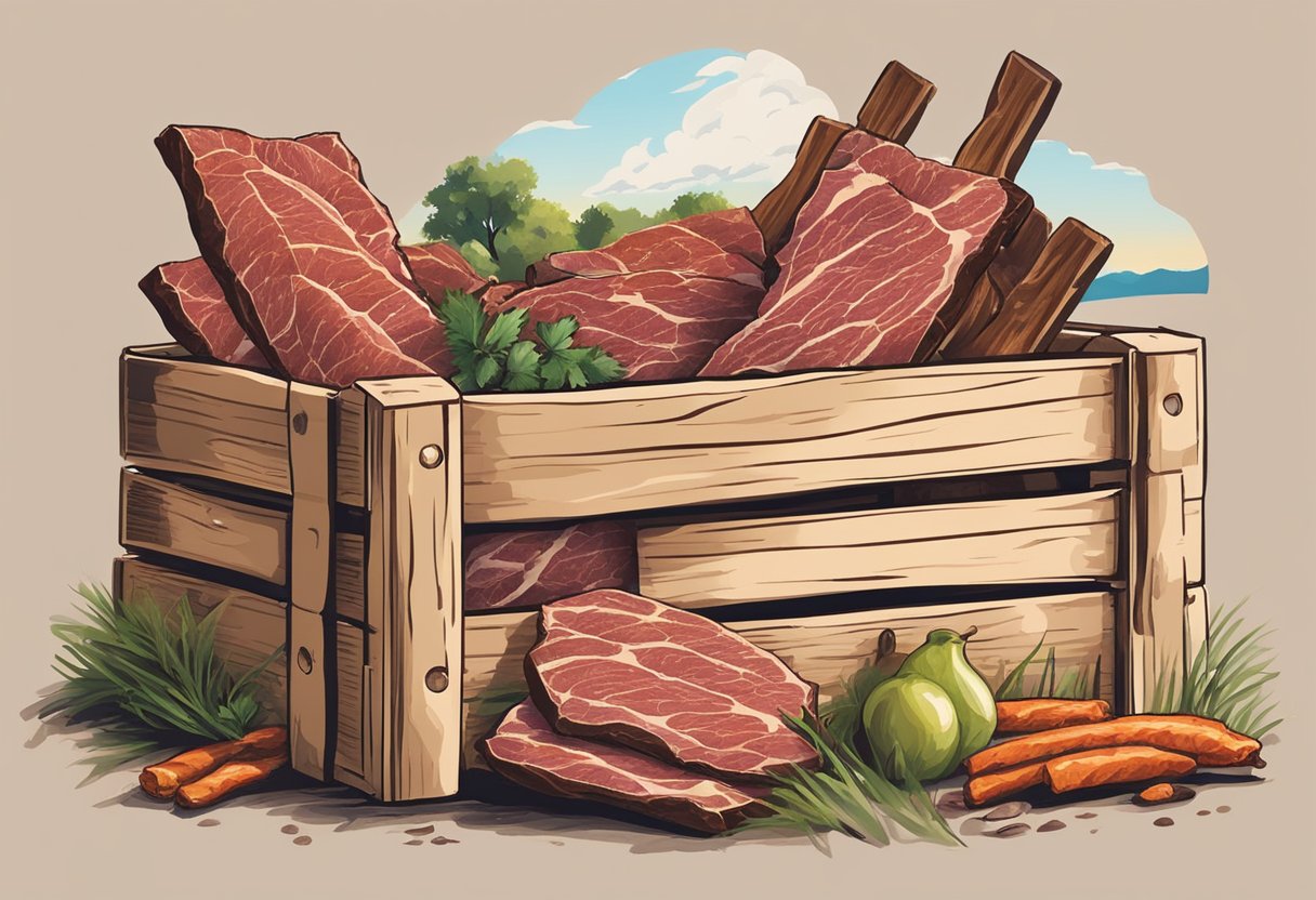 A rustic wooden crate filled with assorted flavors of beef jerky, surrounded by images of cattle grazing on a scenic ranch