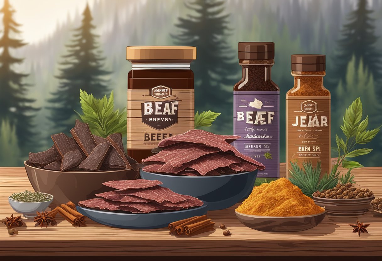 A variety of beef jerky products displayed on a rustic wooden table, surrounded by natural elements like dried herbs and spices