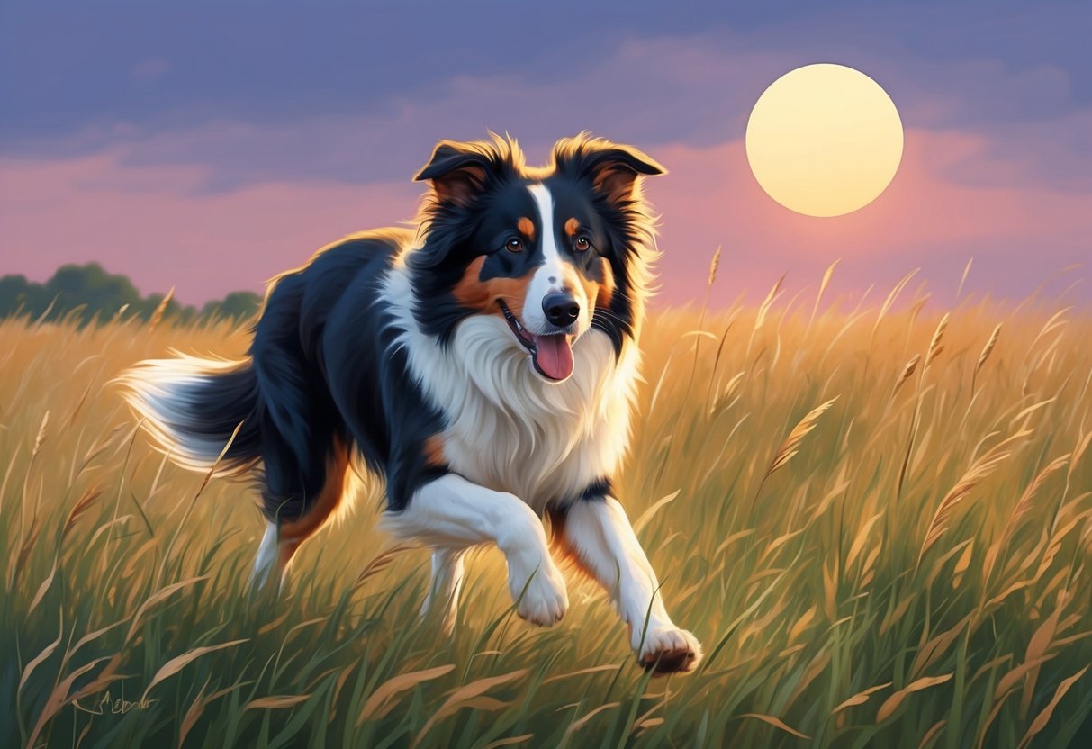 A collie dog running through a field of tall grass, with the sun setting in the background