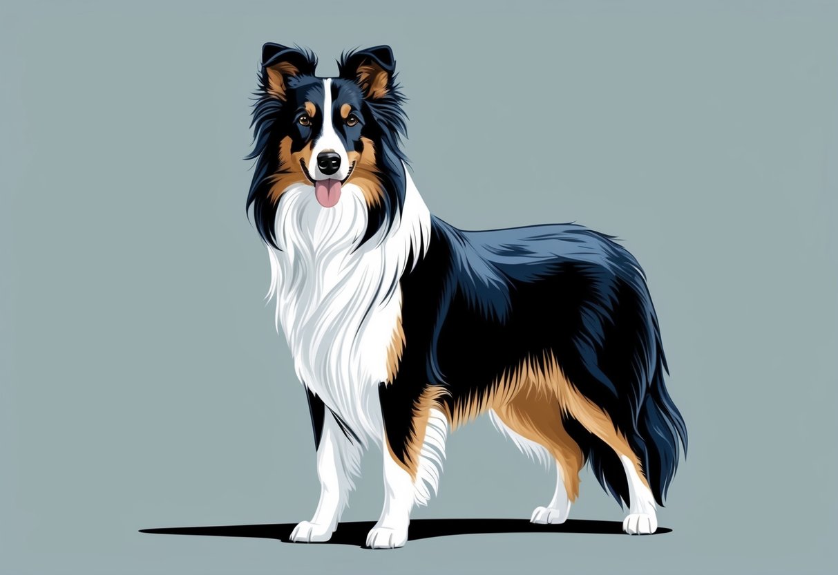 A collie dog standing proudly with a long, flowing coat, intelligent eyes, and a friendly expression