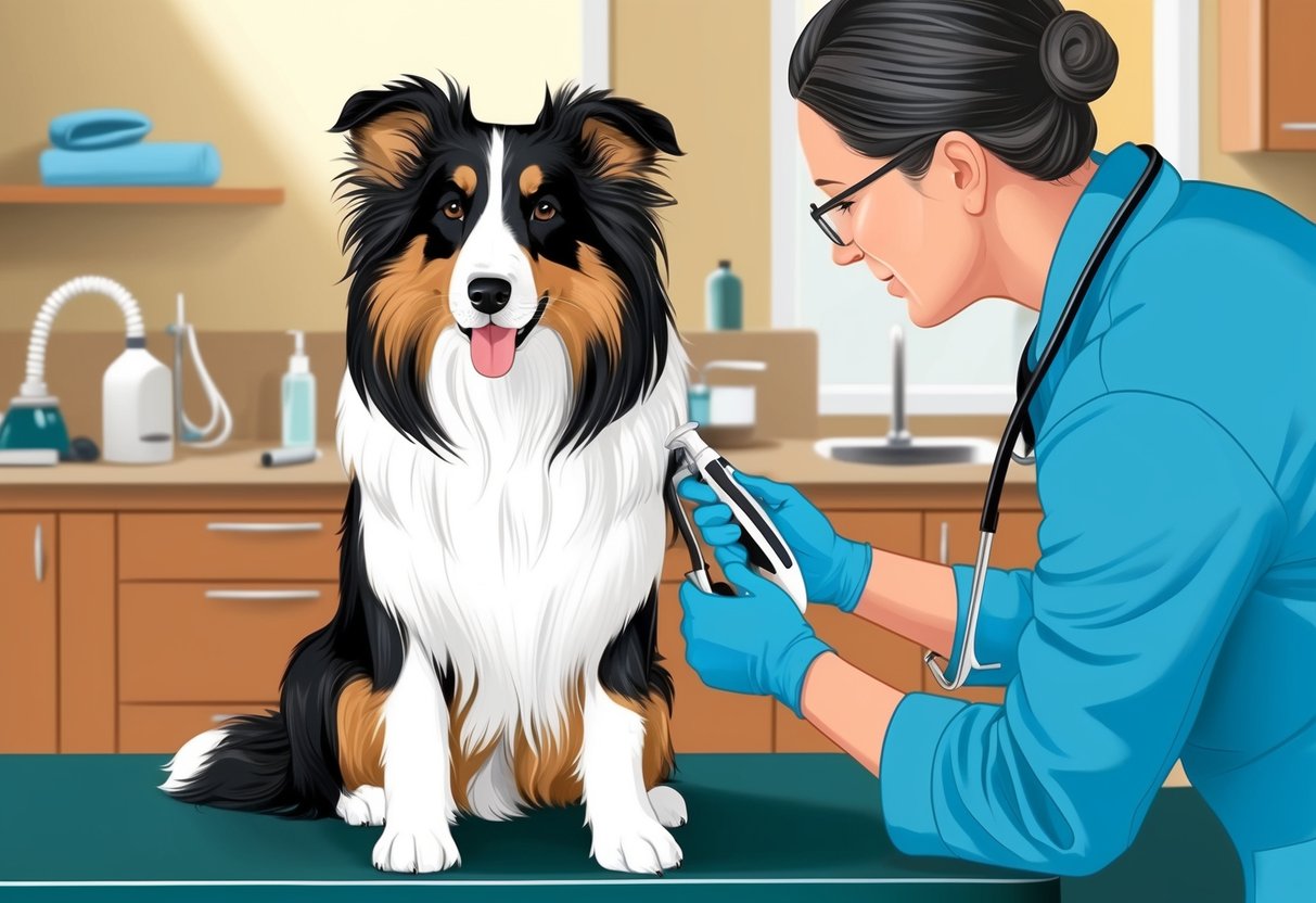 A collie dog being groomed and examined by a veterinarian