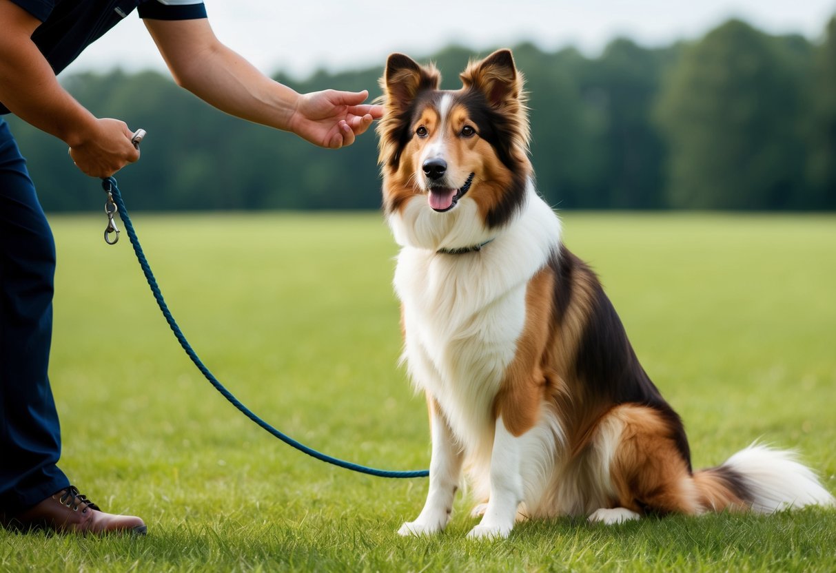 A Collie dog sits attentively, ears perked, focused on a trainer's commands in a grassy field