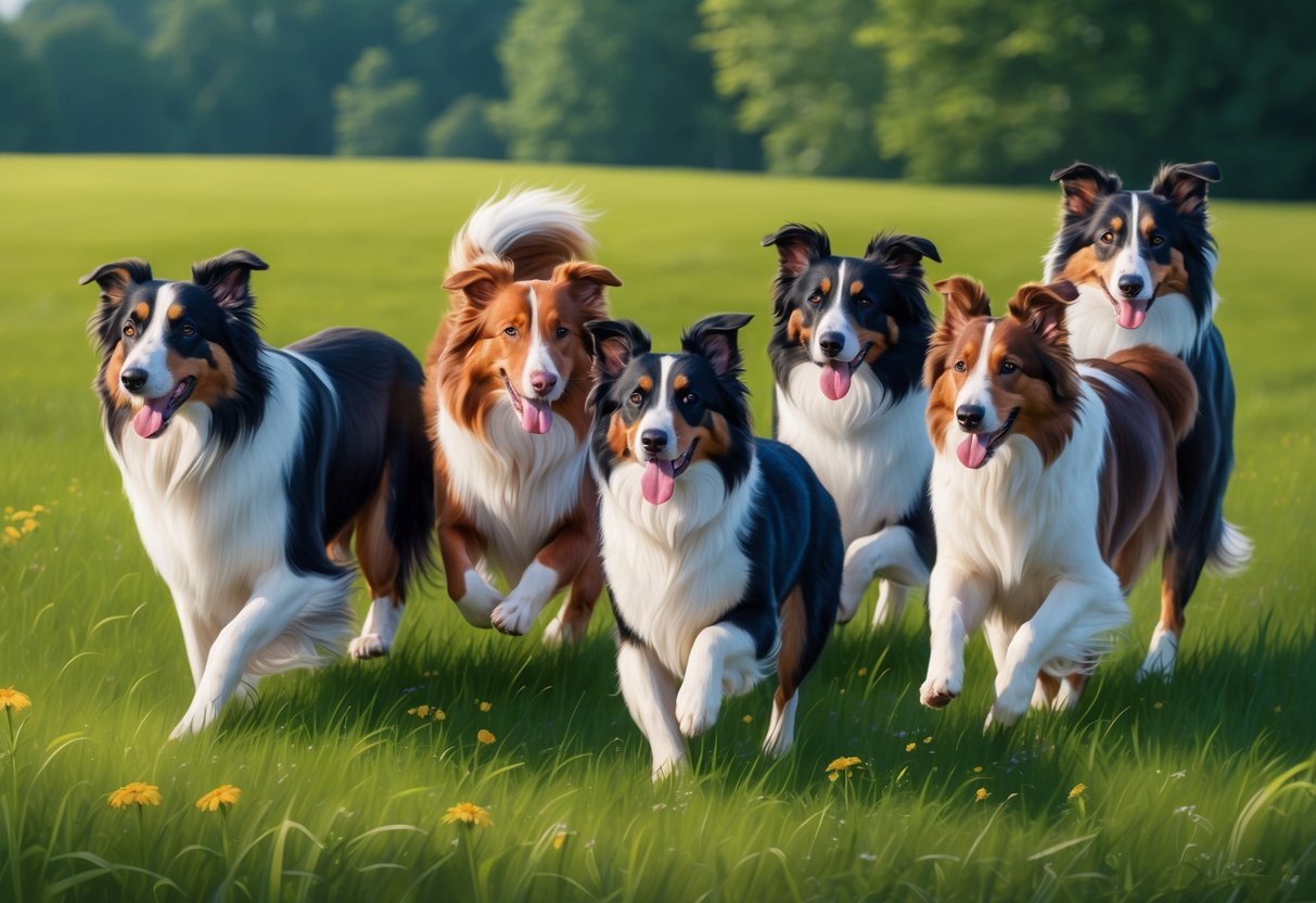 A group of Collie dogs of different varieties playing in a lush green meadow