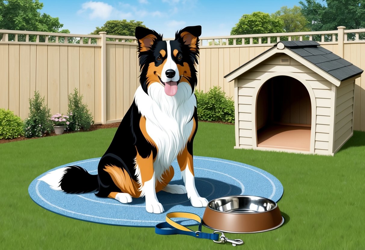 A collie dog sits proudly next to a leash and a bowl, surrounded by a fenced backyard with a cozy doghouse