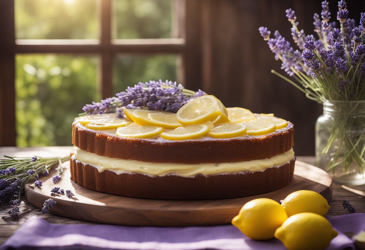 Um bolo de lavanda e limão repousa sobre uma mesa rústica de madeira, cercado por ramos frescos de lavanda e fatias de limão. A luz do sol entra por uma janela próxima, lançando um brilho quente sobre a sobremesa.