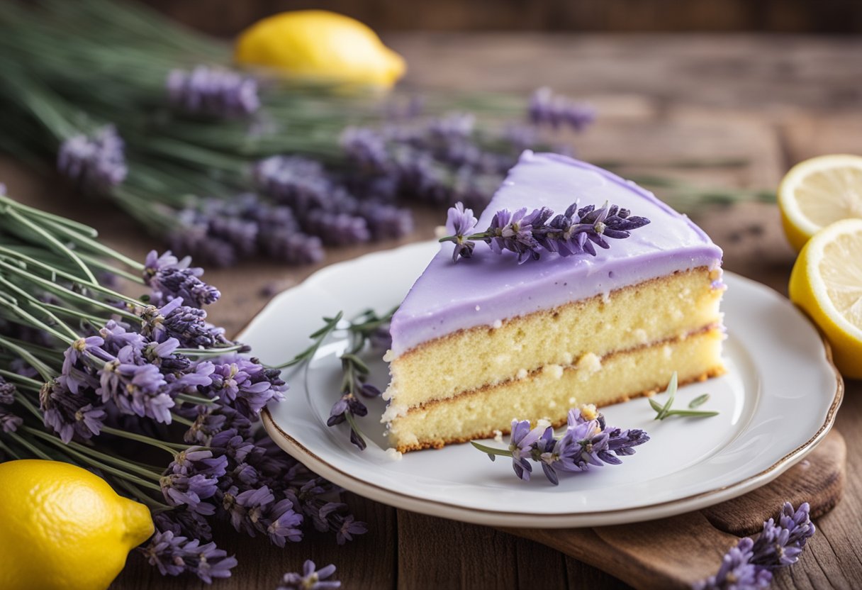 Um bolo de lavanda e limão repousa sobre uma mesa rústica de madeira, cercado por ramos frescos de lavanda e fatias de limão. As cores suaves e pastéis criam uma atmosfera tranquila e acolhedora.