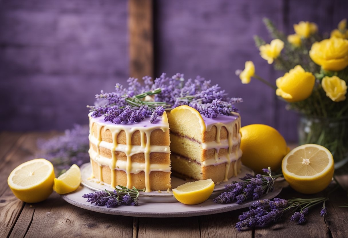 Um bolo de limão com lavanda está sobre uma mesa de madeira rústica, cercado por ramos frescos de lavanda e fatias de limão. O suave tom roxo do bolo contrasta com o vibrante amarelo dos limões, criando uma cena visualmente deslumbrante e apetitosa.