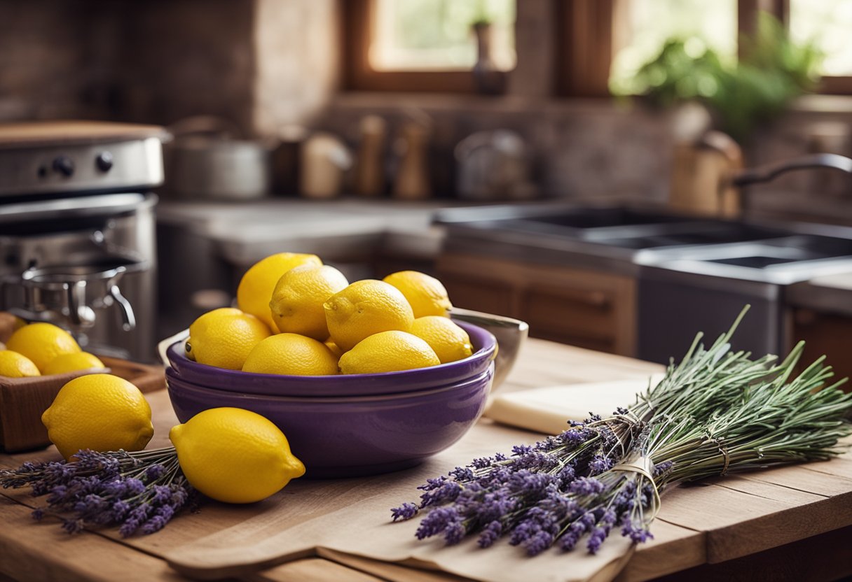 Uma cozinha rústica com lavanda fresca e limões em uma mesa de madeira. Uma tigela de mistura e um batedor estão ao lado de um livro de receitas aberto na página intitulada "Bolo de Lavanda com Limão."