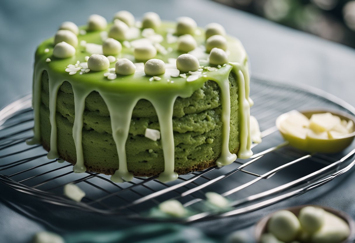 Um bolo de chá verde com gotas de chocolate branco esfriando em uma grade