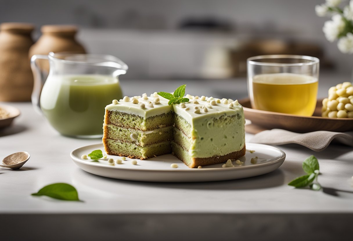 Uma bancada de cozinha serena exibe um bolo de chá verde recém-assado com gotas de chocolate branco, cercado por ingredientes espalhados e um livro de receitas.