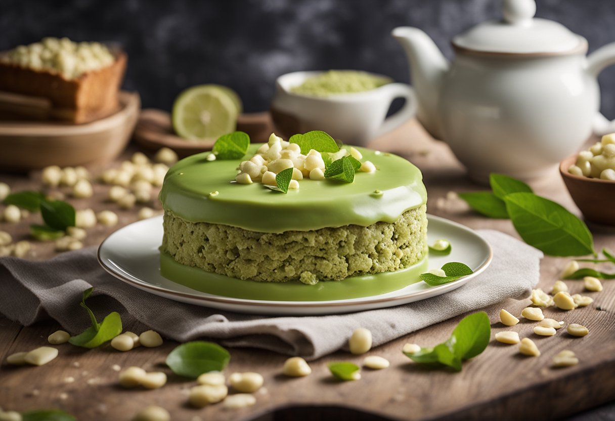 Um bolo de chá verde sendo misturado em uma tigela com gotas de chocolate branco espalhadas sobre uma mesa de madeira.