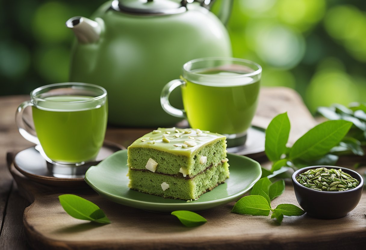 Um bolo de chá verde com gotas de chocolate branco está sobre uma mesa de madeira rústica, cercado por folhas frescas de chá verde e um bule.