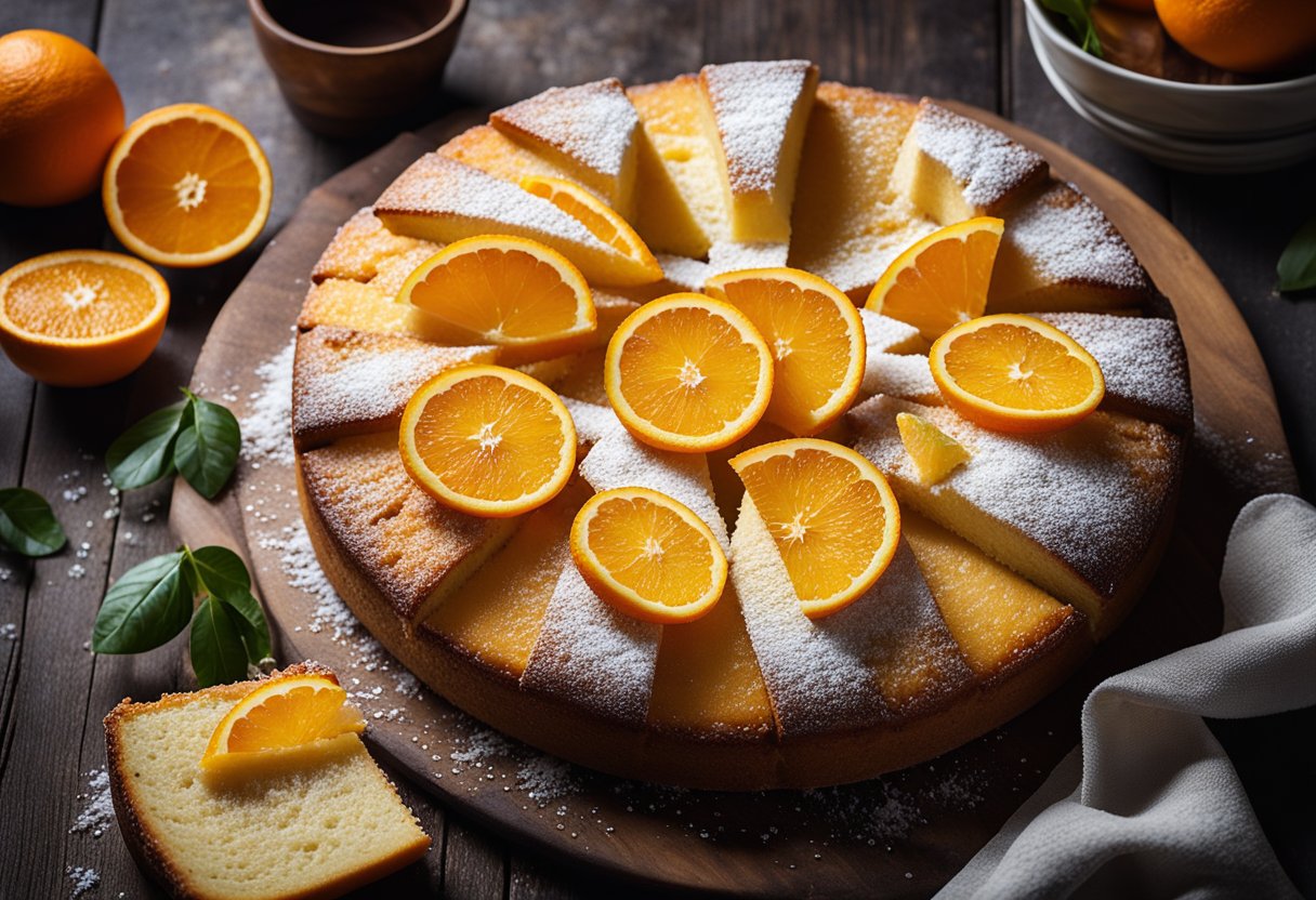 Um bolo leve e saboroso de ricota e laranja repousa sobre uma mesa rústica de madeira, cercado por laranjas frescas e uma pitada de açúcar de confeiteiro.