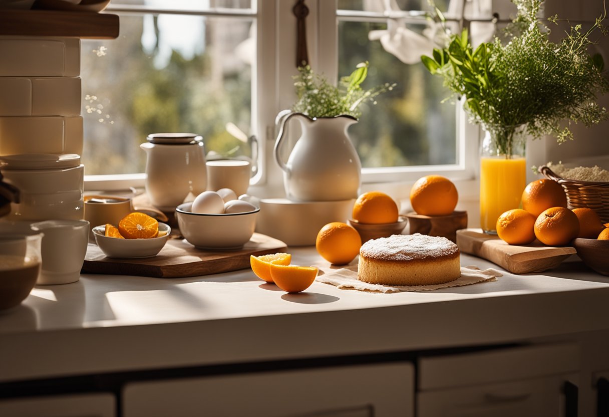 Uma bancada de cozinha rústica exibe um bolo de ricota e laranja recém-assado, cercado por ingredientes como queijo ricota, laranjas, ovos e farinha. A luz do sol entra por uma janela próxima, lançando um brilho quente sobre a cena.