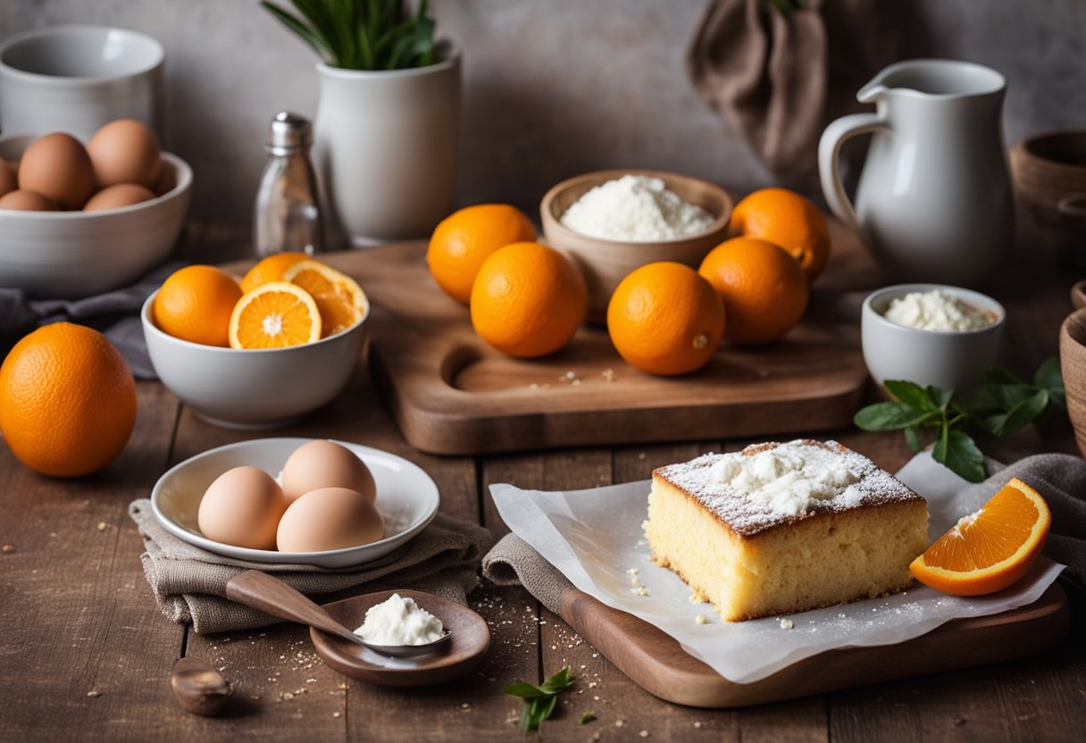 Uma bancada de cozinha rústica com ingredientes para bolo de ricota e laranja, incluindo uma tigela de ricota, laranjas, ovos e um livro de receitas aberto em uma receita especial de bolo.