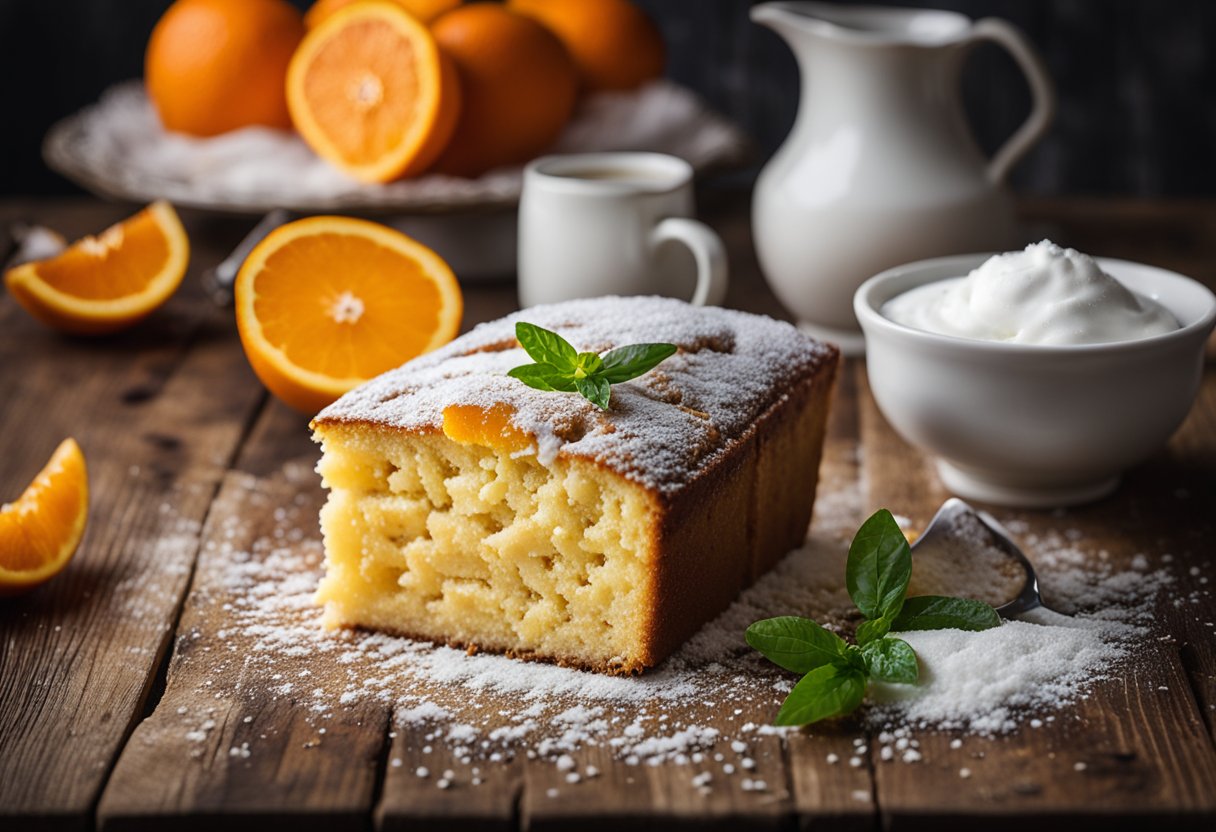 Um bolo fresco de ricota e laranja repousa sobre uma mesa de madeira rústica, adornado com uma pitada de açúcar de confeiteiro e algumas fatias de laranja vibrante.