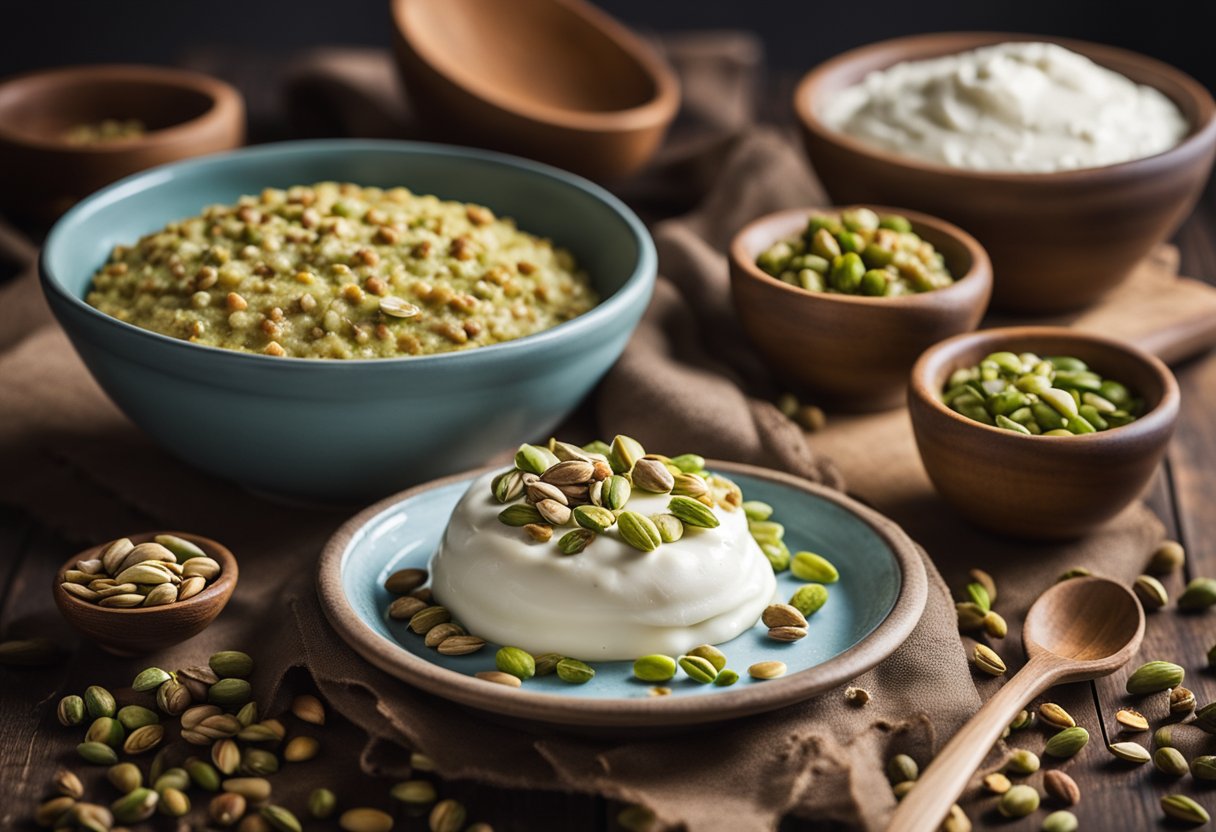 Uma bancada de cozinha rústica com ingredientes para bolo de iogurte grego com pistache, incluindo uma tigela de mistura, pistaches e um livro de receitas aberto em uma receita de bolo única.