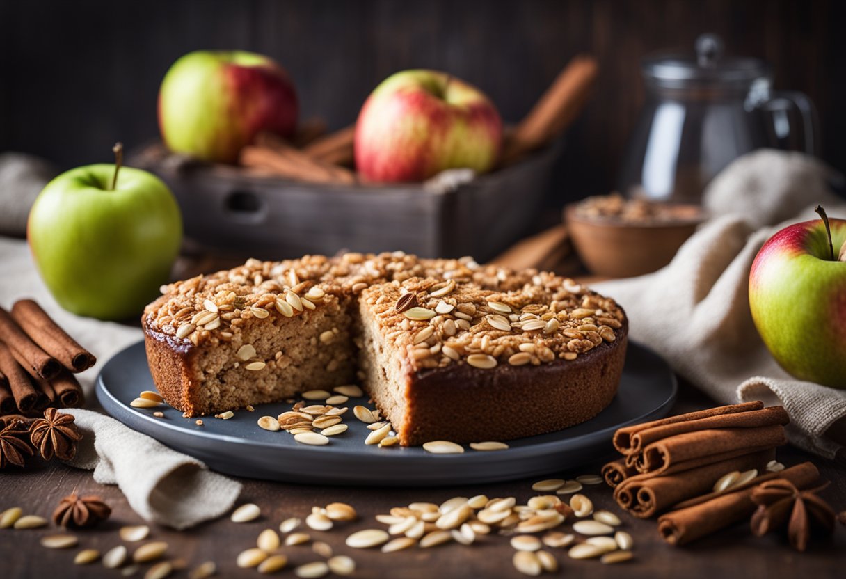 Uma bancada de cozinha rústica com um bolo de aveia, maçã e canela recém-assado, cercado por ingredientes espalhados como aveia, maçãs e paus de canela.