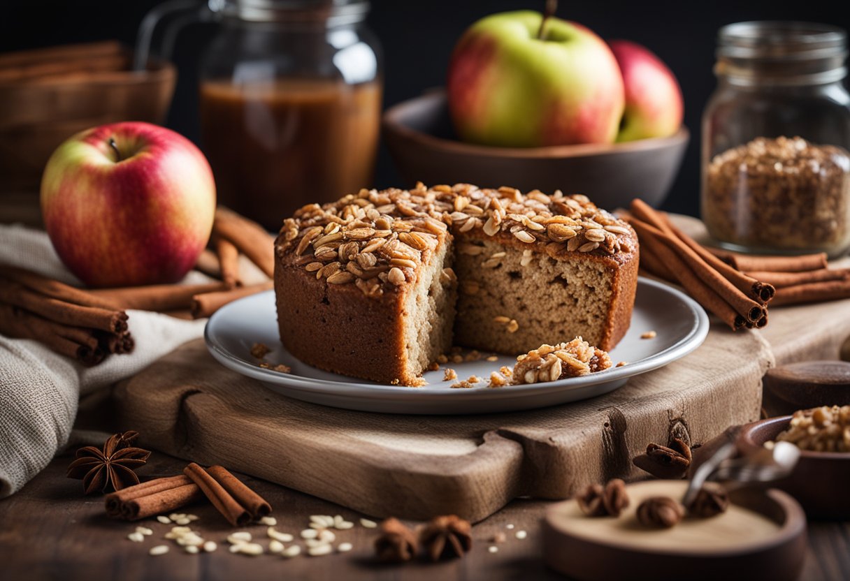 Uma mesa de cozinha rústica com um bolo de aveia, maçã e canela recém-assado, cercada por ingredientes saudáveis como aveia, maçãs e paus de canela.