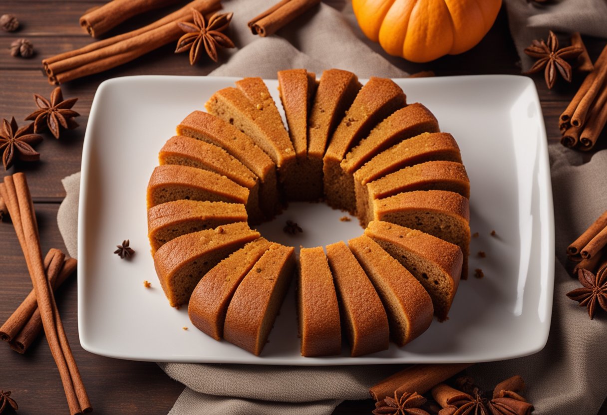 Um bolo de abóbora com especiarias sendo fatiado em uma tábua de madeira, cercado por paus de canela e cravos.