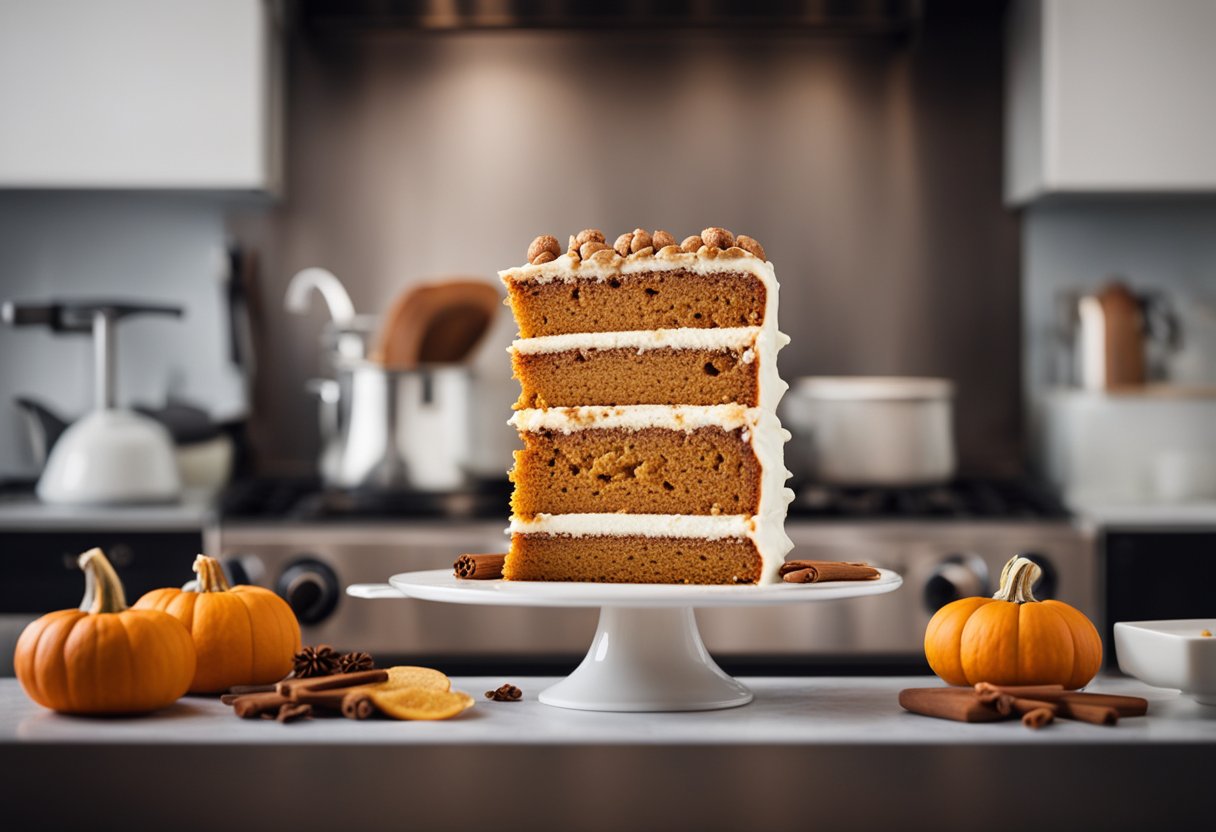 Um bolo de especiarias de abóbora sendo cuidadosamente retirado do forno, com um aroma quente e aromático preenchendo a cozinha.