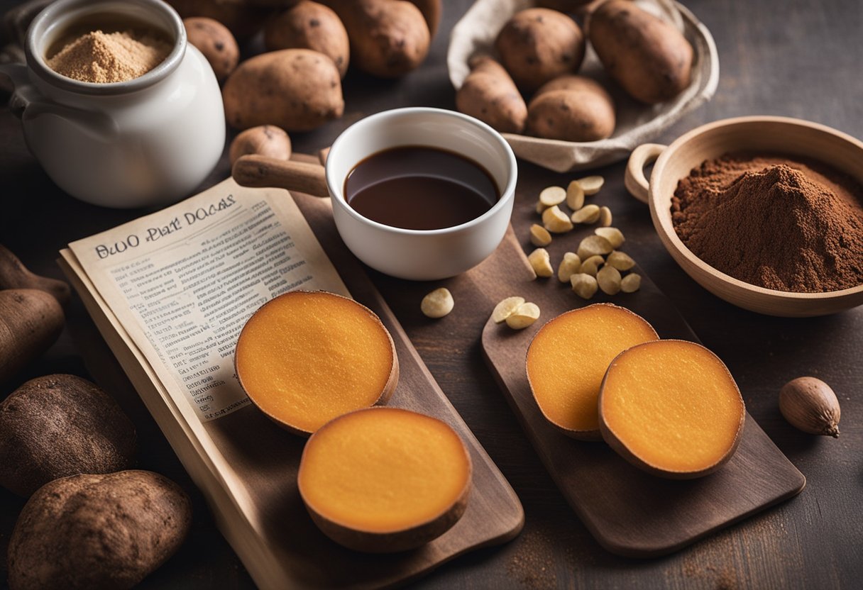 Uma cozinha rústica com ingredientes dispostos: batatas-doces, cacau em pó e outros suprimentos de confeitaria. Um livro de receitas aberto em uma página intitulada "Bolo de Batata Doce com Cacau Fit."