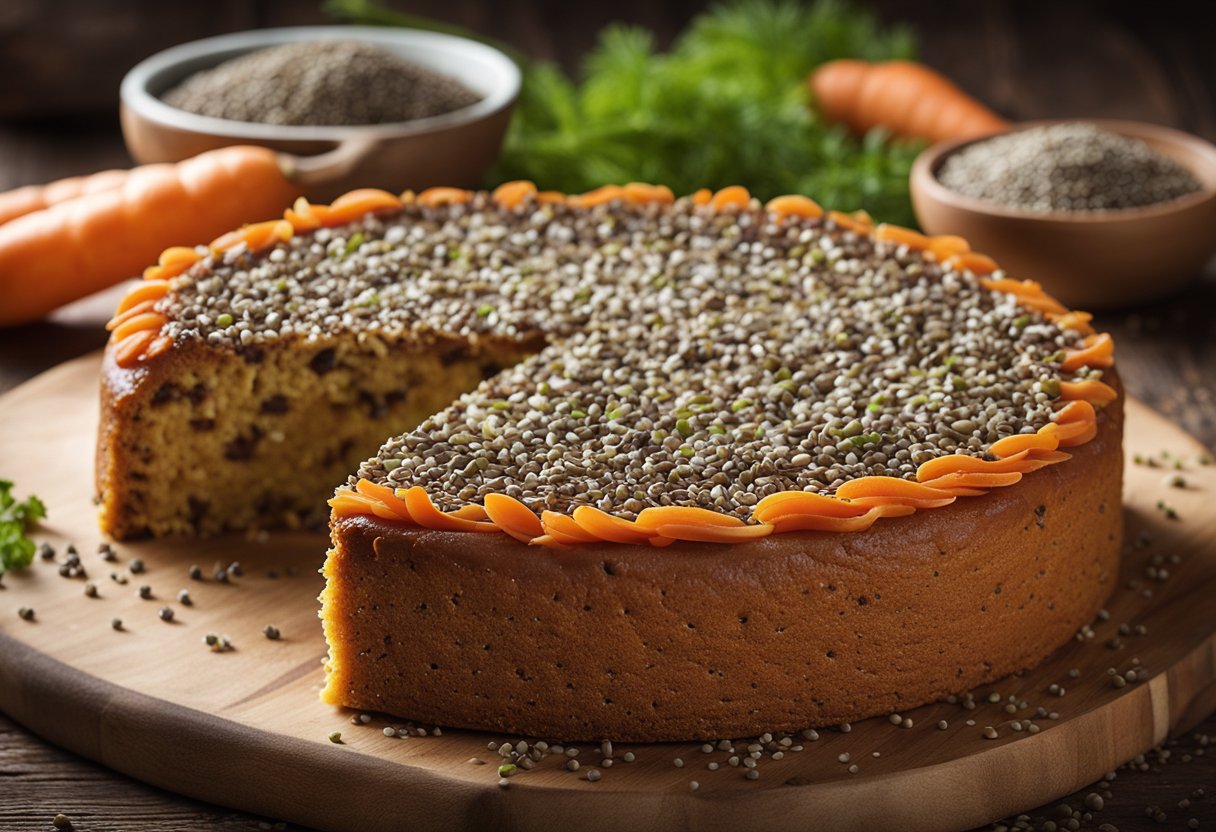 Um bolo de sementes de chia com cenoura inteira em uma mesa rústica de madeira, cercado por sementes de chia espalhadas e algumas cenouras inteiras.