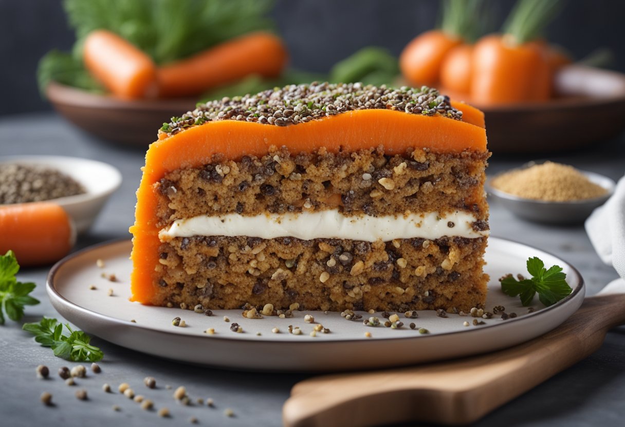 Uma fatia de bolo de cenoura integral coberta com sementes de chia, cercada por cenouras frescas e sementes de chia espalhadas pela mesa.