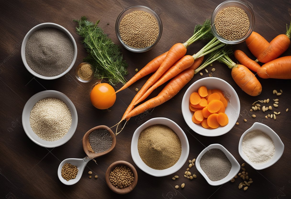 Uma bancada de cozinha rústica com ingredientes para um bolo saudável de cenoura com sementes de chia, incluindo farinha de trigo integral, cenouras, sementes de chia e uma tigela de mistura.