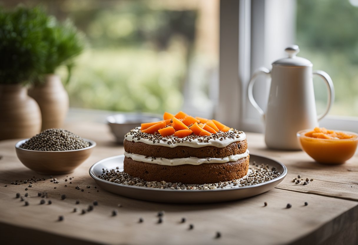 Uma bancada de cozinha rústica com um bolo de cenoura integral recém-assado coberto com sementes de chia, cercado por ingredientes espalhados.