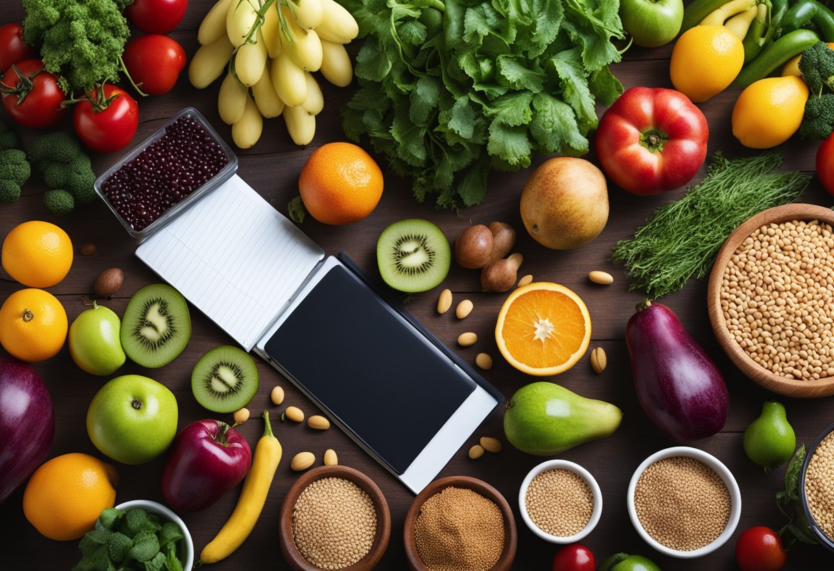 Uma variedade colorida de frutas, vegetais, grãos e leguminosas frescas dispostas em uma mesa, com um caderno e uma caneta próximos para planejamento de refeições.