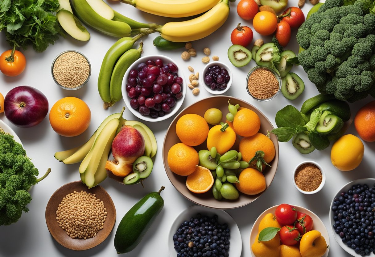 Uma mesa decorada com uma variedade de frutas, legumes, grãos e leguminosas coloridos, com um caderno e uma caneta próximos para o planejamento das refeições.