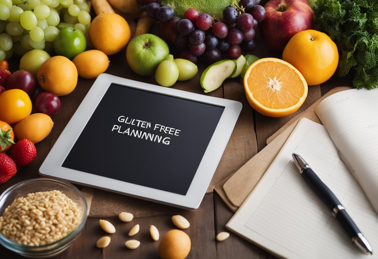 Uma bancada de cozinha com uma variedade de frutas, vegetais e grãos frescos. Um livro de receitas aberto em uma página sobre planejamento de refeições sem glúten. Um bloco de notas e uma caneta para anotar ideias.