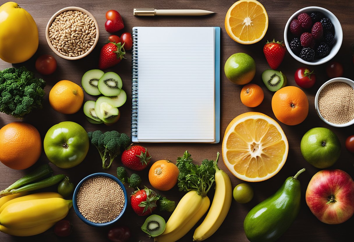 Uma variedade colorida de frutas frescas, legumes e grãos sem glúten dispostos em uma bancada de cozinha, com um bloco de notas e uma caneta para planejamento de refeições.