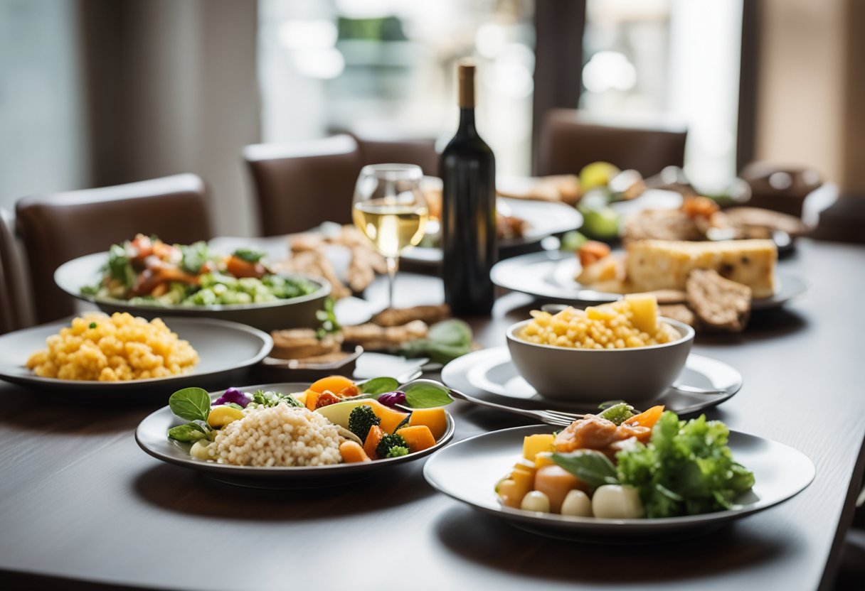 Uma mesa de jantar lindamente posta com uma variedade de pratos sem glúten coloridos e apetitosos, mostrando a diversidade e opções para cada refeição.