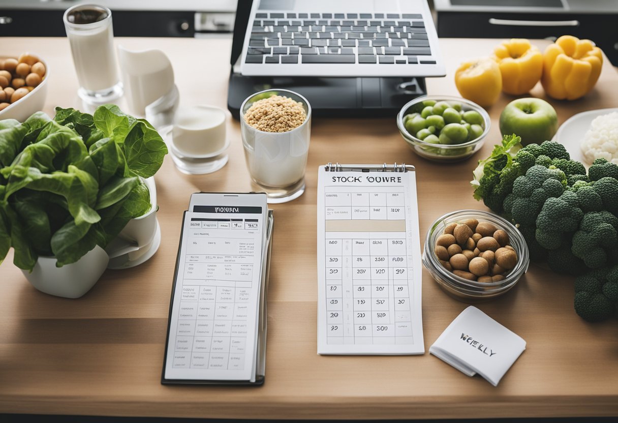 Uma bancada de cozinha com várias compras frescas, um calendário de planejamento de refeições semanal e uma planilha de orçamento