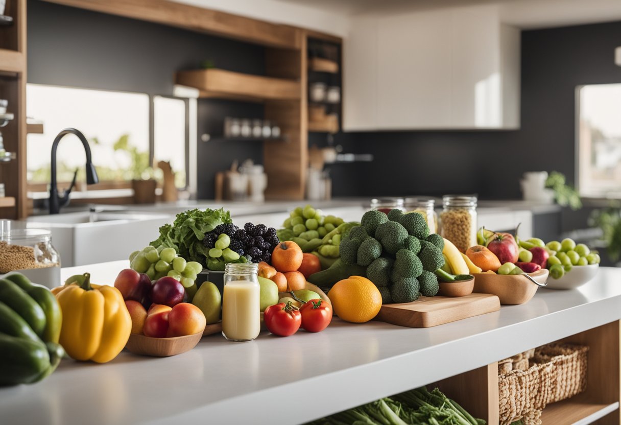 Uma bancada de cozinha com uma variedade de frutas frescas, vegetais, grãos e proteínas dispostos de maneira organizada. Um plano de refeições semanal e uma lista de compras estão fixados na geladeira.