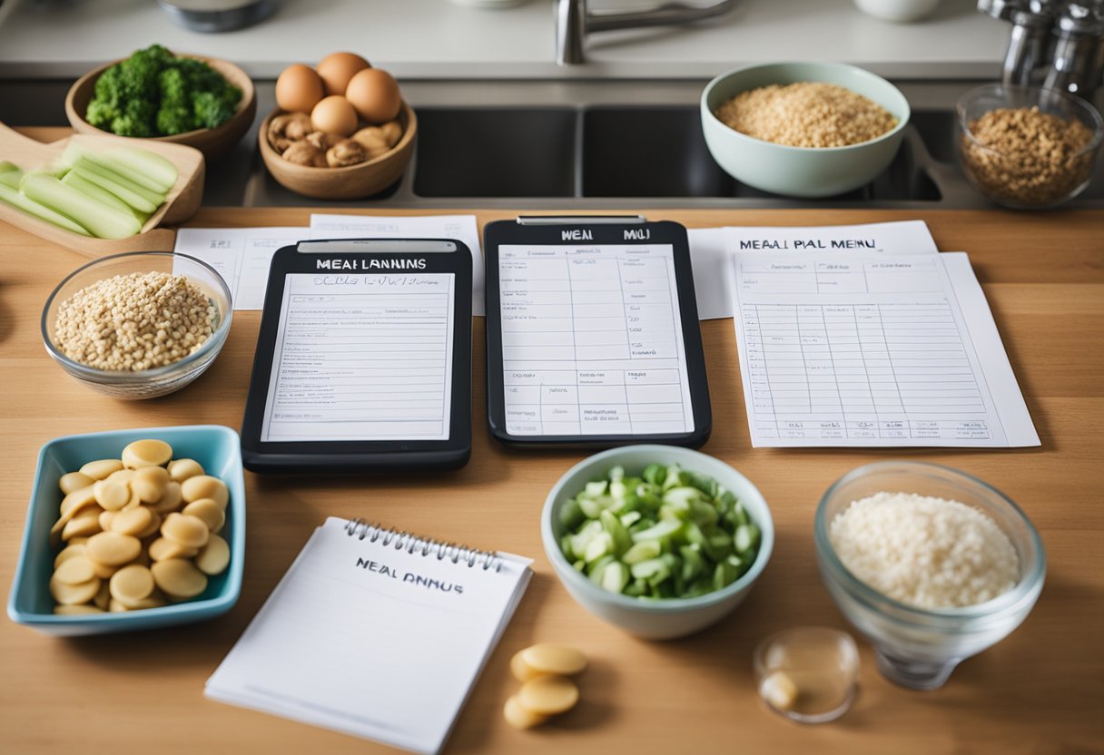 Uma bancada de cozinha com materiais de planejamento de refeições organizados, incluindo um menu semanal, listas de compras e livros de receitas. Uma calculadora e uma planilha de orçamento são visíveis, enfatizando o foco em economizar tempo e dinheiro por meio de um planejamento de refeições eficiente.