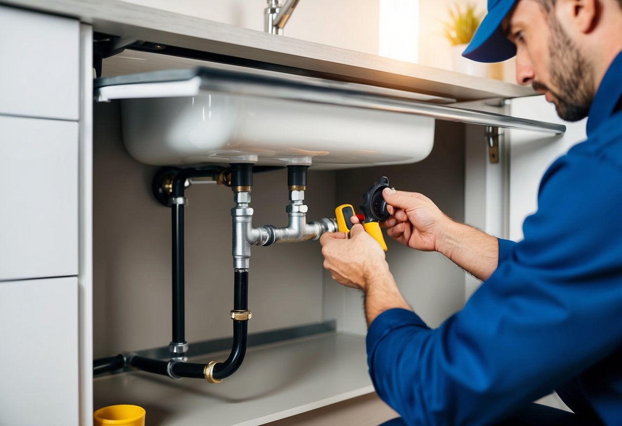 A plumber fixing a leaking pipe under a sink in a modern kitchen