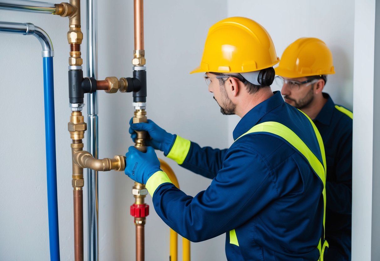 A plumber wearing a uniform and safety gear while working on pipes in a clean and organized environment